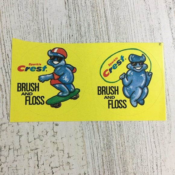 Vtg Sparkle Crest Toothpaste 2 Stickers Brush and Floss Yellow - Picture 1 of 7